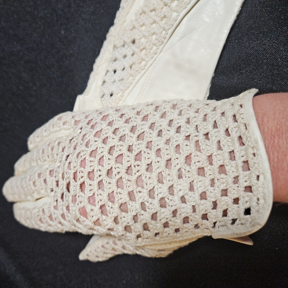 50s 60s Grandoe Leather & Crochet Cream Cottagecore Gloves Made Italy - Picture 9 of 15